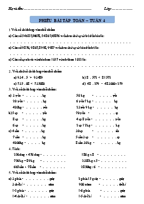 Phiếu bài tập ôn tập tuần 4 Toán lớp 4